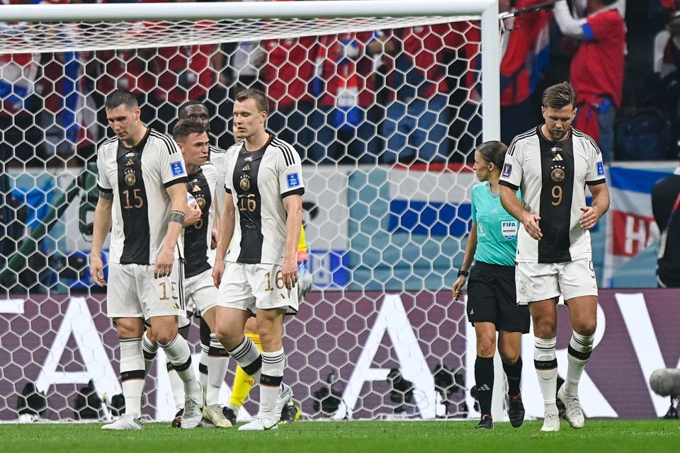 AL KHOR, QATAR - DECEMBER 1: Niklas Suele of Germany, Joshua Kimmich of Germany, Lukas Klostermann of Germany and Niclas Fullkrug of Germany looks dejected after conceding their sides second goal during the Group E - FIFA World Cup Qatar 2022 match between Costa Rica and Germany at the Al Bayt Stadium on December 1, 2022 in Al Khor, Qatar (Photo by Pablo Morano/BSR Agency/Getty Images)