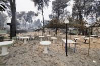 A burnt camping during a wildfire in Agia Anna village on the island of Evia, about 146 kilometers (91 miles) north of Athens, Greece, Friday, Aug. 6, 2021. Thousands of people fled wildfires burning out of control in Greece and Turkey on Friday, including a major blaze just north of the Greek capital of Athens that claimed one life, as a protracted heat wave left forests tinder-dry and flames threatened populated areas and electricity installations. (AP Photo/Thodoris Nikolaou)