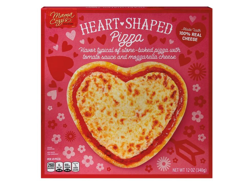 Pink box of Mama Cozzi's heart-shaped pizza with image of pizza on box