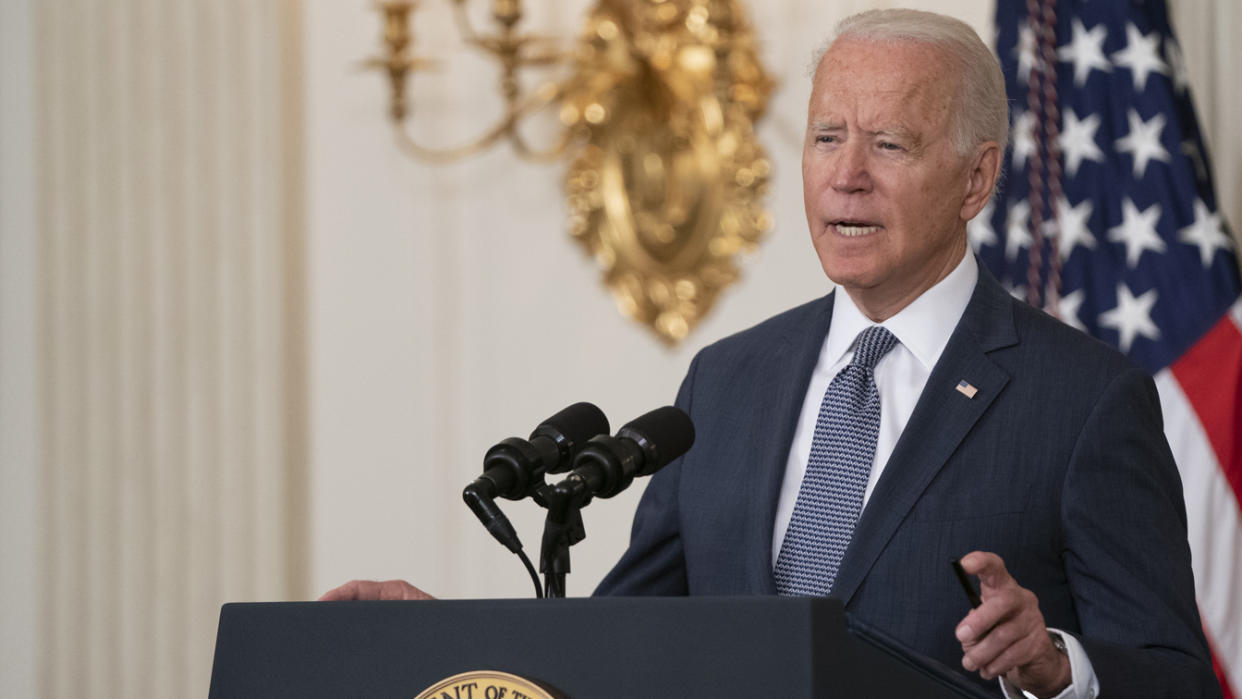 U.S. President Joe Biden speaks before signing an executive order in the State Dining Room of the White House in Washington, D.C., U.S., on Friday, July 9, 2021. Biden is pushing for wider competition across the U.S. economy, targeting three industrial sectors where his administration believes consolidation has led to higher prices in the sweeping executive order covering agriculture, technology and drugs. Photographer: Alex Edelman/CNP/Bloomberg via Getty Images