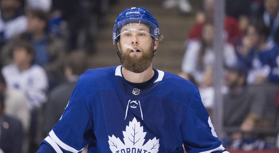 TORONTO, ON - FEBRUARY 23: Toronto Maple Leafs defenseman Jake Muzzin (8) takes a break during the third period in a game bbetween the Montreal Canadiens and the Toronto Maple Leafs on February 23, 2019, at Scotiabank Arena in Toronto, Ontario Canada. (Photo by Nick Turchiaro/Icon Sportswire via Getty Images)