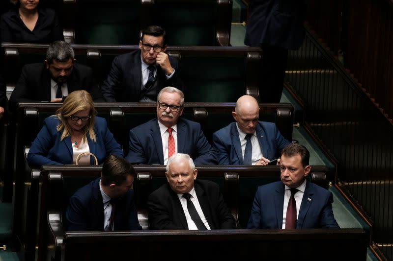 Law and Justice (PiS) leader Jaroslaw Kaczynski and other parliamentarians attend the Polish Parliament session in Warsaw