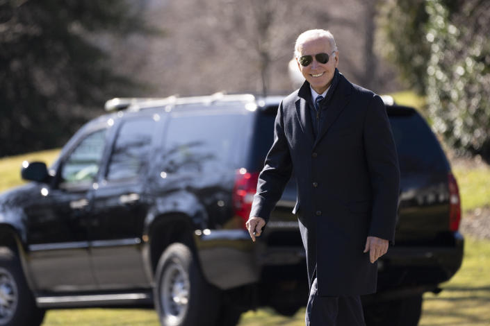 President Joe Biden smiles as he walks on the South Lawn of the White House, Friday, Feb. 3, 2023, in Washington. Biden is traveling to Philadelphia. (AP Photo/Manuel Balce Ceneta)