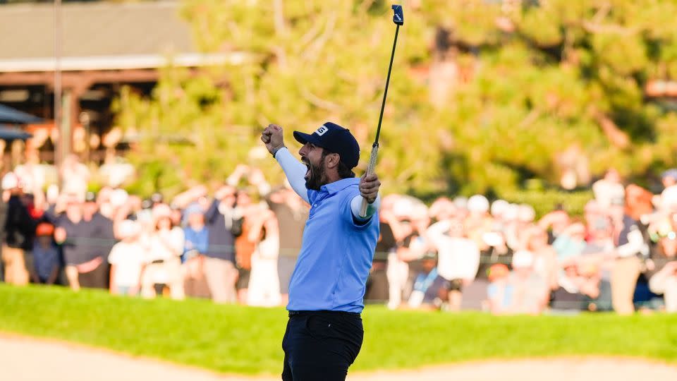 Pavon celebrates the birdie that clinched him his first win on the PGA Tour. - Gregory Bull/AP