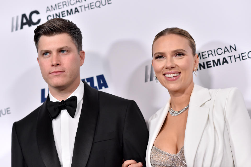 Colin Jost and Scarlett Johansson took inspiration from space for the name of their son, Cosmo, pictured in November 2021. (Photo by Axelle/Bauer-Griffin/FilmMagic)