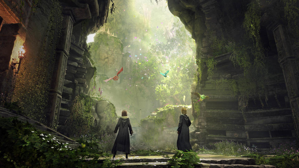 A massive hole in the side of a castle wall reveals lush, overgrown foliage and two colorful birds, and two Hogwarts students gaze out in awe.