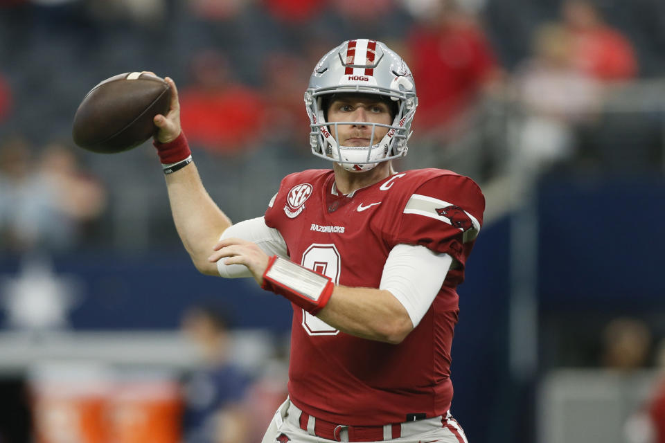 Sep 23, 2017; Arlington, TX, USA; Arkansas Razorbacks quarterback Austin Allen (8) throws a pass in warmups before a game against the Texas A&M Aggies at ATT Stadium. Mandatory Credit: Tim Heitman-USA TODAY Sports