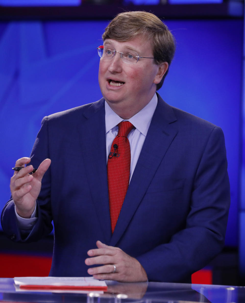 Lt. Gov. Tate Reeves answers a question during a GOP gubernatorial runoff debate against former Mississippi Supreme Court Chief Justice and gubernatorial candidate Bill Waller Jr., unseen, in Jackson, Miss., Wednesday, Aug. 21, 2019. (AP Photo/Rogelio V. Solis)