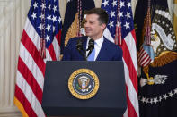 Transportation Secretary Pete Buttigieg speaks during an event to commemorate Pride Month, in the East Room of the White House, Friday, June 25, 2021, in Washington. (AP Photo/Evan Vucci)