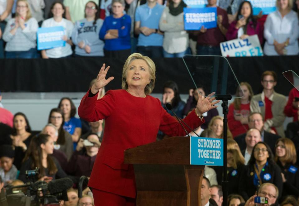 Hilary Clinton, the Democratic nominee for president in 2016, speaks to a crowd in North Carolina shortly before Election Day on Nov. 8. <a href="https://www.gettyimages.com/detail/news-photo/democratic-presidential-nominee-former-secretary-of-state-news-photo/621754706?adppopup=true" rel="nofollow noopener" target="_blank" data-ylk="slk:Zach Roberts/NurPhoto via Getty Images;elm:context_link;itc:0;sec:content-canvas" class="link ">Zach Roberts/NurPhoto via Getty Images</a>