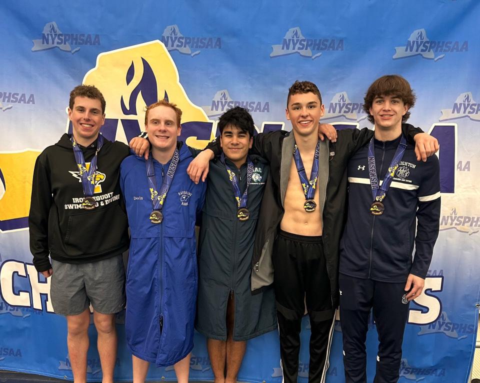 All five Section V divers who qualified for states advanced to the NYSPHSAA finals Saturday at Ithaca College. From left to right: George Ligozio (Irondequoit), Devin Cornish (Haverling), Kiran Natarajan (HAC), Kyler Thomas (Churchville) and Quinn Kelstone (Brighton).
