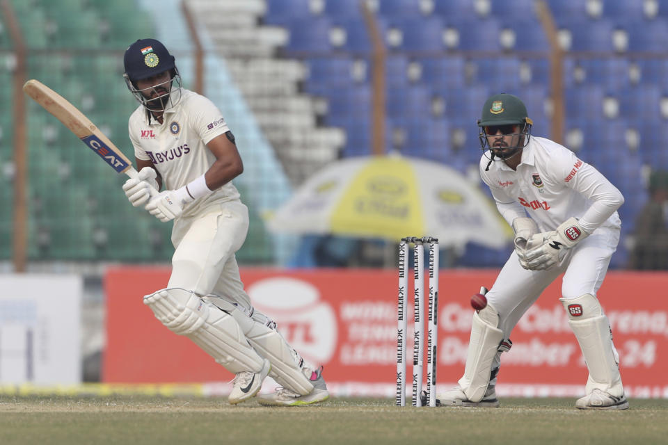 India's Shreyas Iyer plays a shot during the first Test cricket match day two between Bangladesh and India in Chattogram Bangladesh, Thursday, Dec. 15, 2022. (AP Photo/Surjeet Yadav)