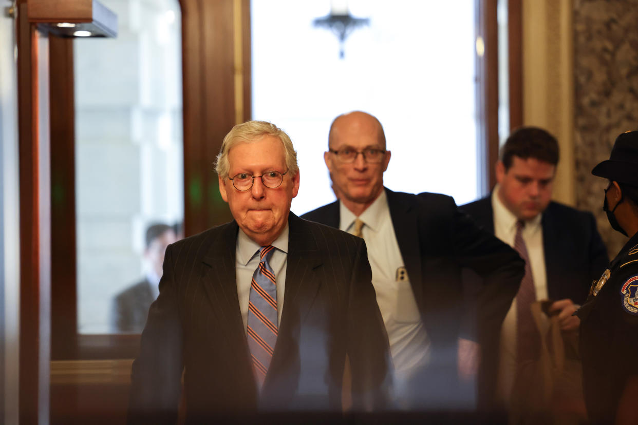 WASHINGTON, DC - JULY 21: Senate Minority Leader Mitch McConnell (R-KY) arrives at the U.S. Capitol on July 21, 2021 in Washington, DC. The Senate is expected to hold a cloture vote on the bipartisan infrastructure bill later today. (Photo by Anna Moneymaker/Getty Images)