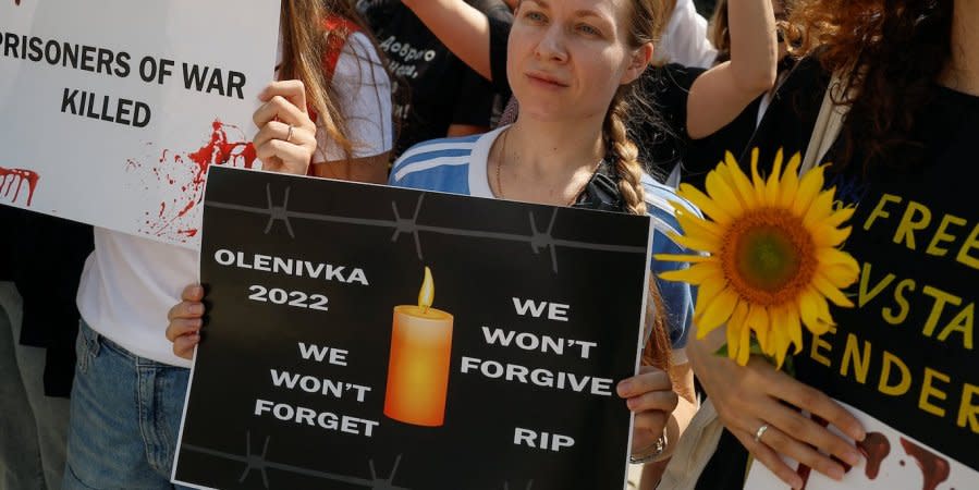 Relatives of Ukrainian PoWs killed in Olenivka, protest in Kyiv on July 30