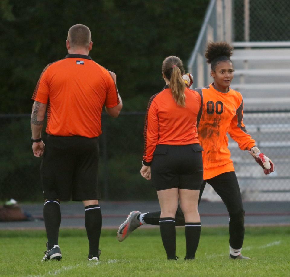 Odessa-Montour goalie Keyonna Garrison greets officials before a a 6-0 win over Moravia in girls soccer Sept. 13, 2022 at Odessa-Montour High School.