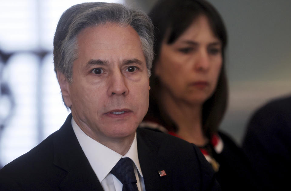 U.S. Secretary of State Antony Blinken listens during a meeting with Turkey's Foreign Minister Mevlut Cavusoglu at the State Department in Washington, Wednesday, Jan. 18, 2023. (Leah Millis/Pool via AP)