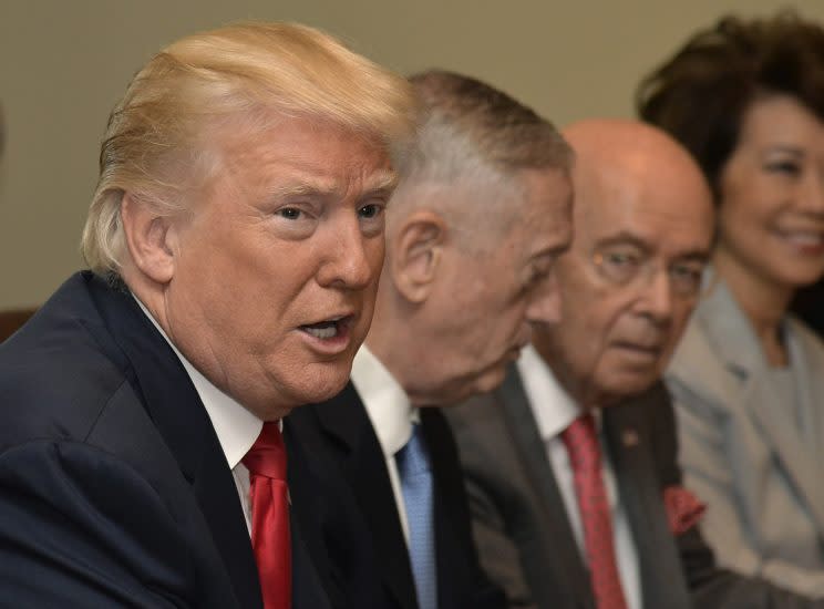 WASHINGTON, D.C. - JULY 31: President Donald Trump makes remarks during a meeting of his cabinet, including (L-R) Defense Secretary James Mattis, Commerce Secretary Wilbur Ross and Transportation Secretary Elaine Chao at the White House on July 31, 2017 in Washington, DC. Earlier John F. Kelly, a retired Marine Corps general and former secretary of the Department of Homeland Security, was sworn in as the new White House Chief of Staff.