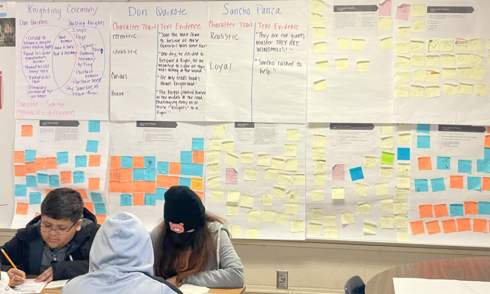 Fifth graders in Carolina Peña’s classroom are studying character traits – including effortlessly using the word “quixotic” – while reading about Don Quixote. 