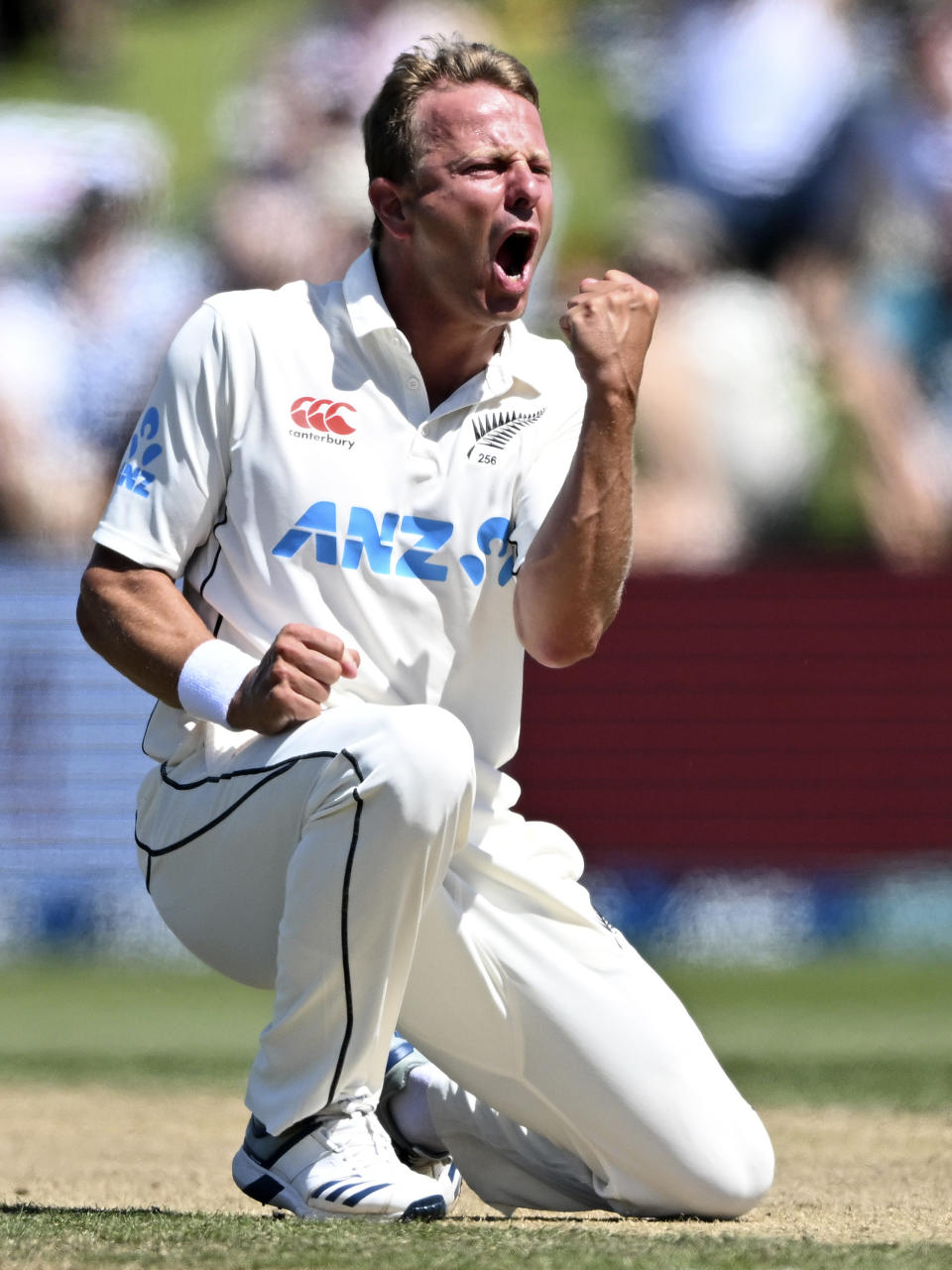 New Zealand's Neil Wagner celebrates the wicket of England's Ollie Pope on the third day of their cricket test match in Tauranga, New Zealand, Saturday, Feb. 18, 2023. (Andrew Cornaga/Photosport via AP)