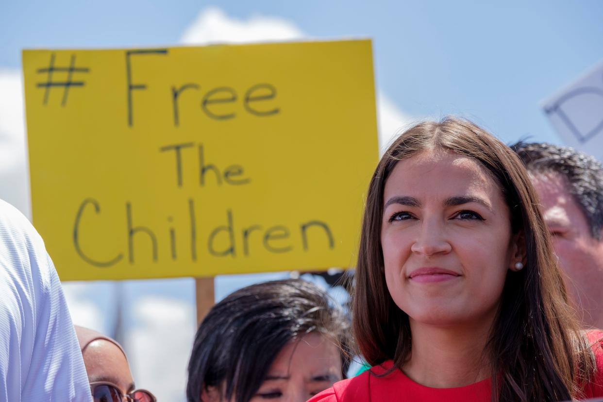 Rep. Alexandria Ocasio-Cortez, D-N.Y., attends a press conference following a tour of Border Patrol facilities and migrant detention centers for 15 members of the Congressional Hispanic Caucus on July 1, 2019, in Clint, Texas. (Photo: Luke Montavon/AFP/Getty Images) 