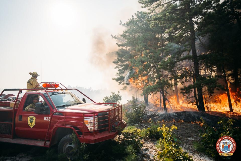 The "Whip-poor-will" wildfire in the Warren Grove Range area of Ocean County burned more than 1,100 acres by Wednesday morning, July 17, 2024.