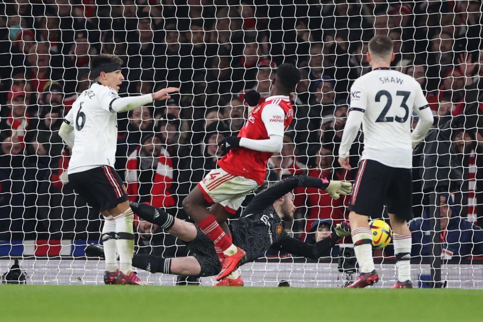 Eddie Nketiah of Arsenal scores the team’s third goal during the Premier League match between Arsenal FC and Manchester United at Emirates Stadium on January 22, 2023 (Getty Images)