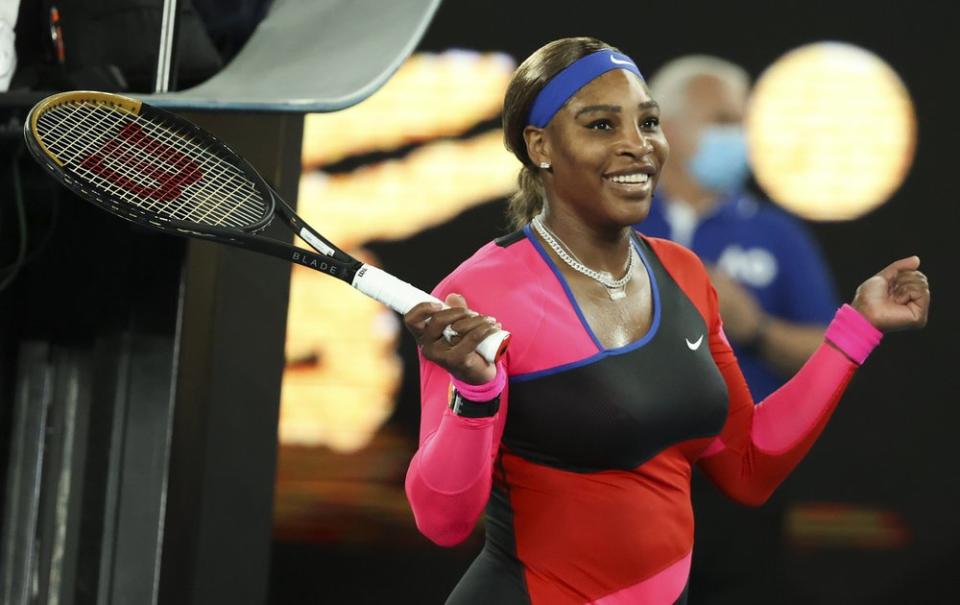 United States’ Serena Williams celebrates after defeating Romania’s Simona Halep during their quarterfinal match at the Australian Open tennis championship in Melbourne, Australia, Tuesday, Feb. 16, 2021.(AP Photo/Hamish Blair)