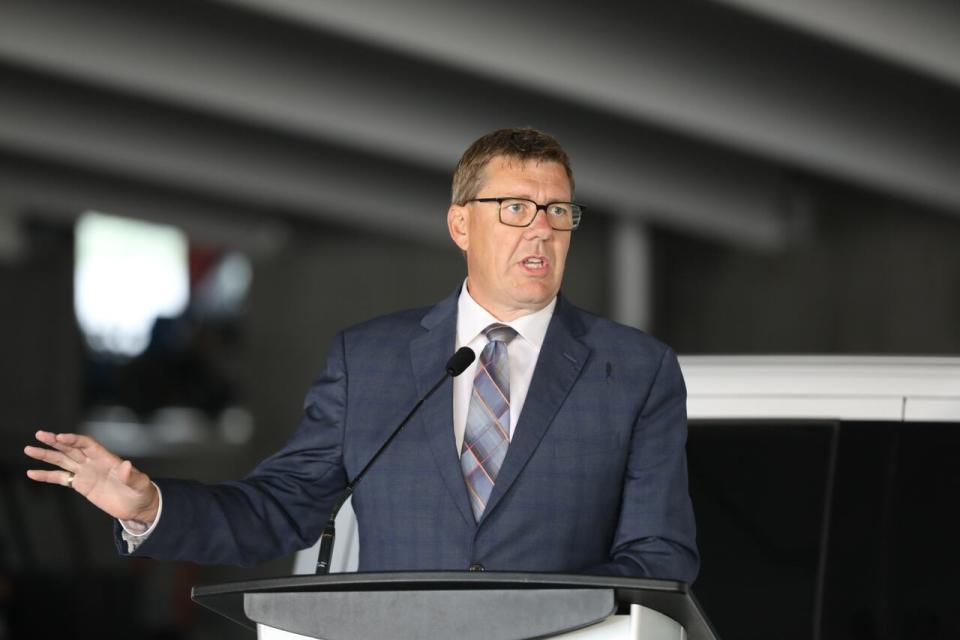 Premier Scott Moe takes part in a news conference on Aug. 28, 2024. The province has announced construction of the parkade at the Regina General Hospital is 80 per cent completed.