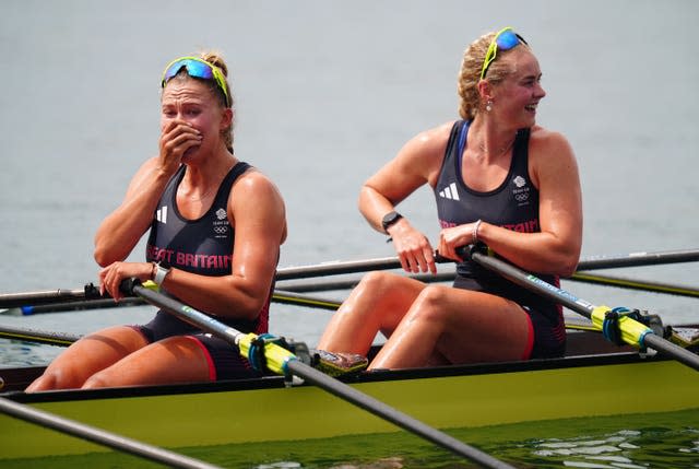 Great Britain's Lola Anderson (left) and Hannah Scott celebrate following the Women’s Quadruple Sculls Final at the Vaires-sur-Marne Nautical Stadium on the fifth day of the 2024 Paris Olympic Games in France. 