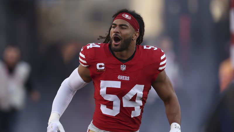 San Francisco 49ers linebacker Fred Warner is introduced before the NFC Championship NFL football game against the Detroit Lions in Santa Clara, Calif., Sunday, Jan. 28, 2024.