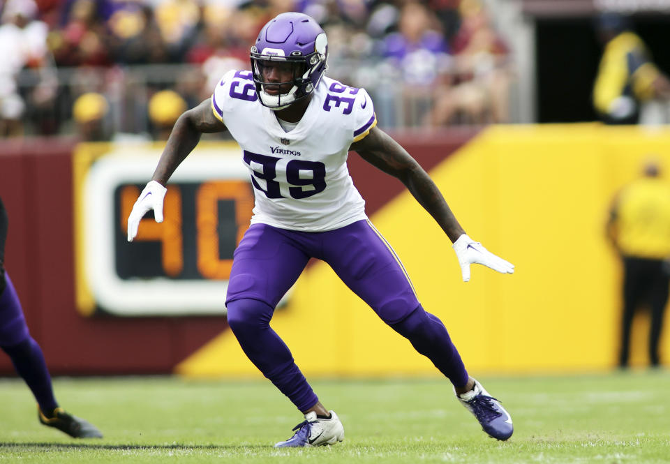 FILE - Minnesota Vikings cornerback Chandon Sullivan (39) runs during an NFL football game against the Washington Commanders, Sunday, Nov., 2022, in Landover, Md. The Minnesota Vikings are entering free agency with a salary cap crunch and pressing needs yet again at a vital position. Their top three cornerbacks from last season are all hitting the market: Patrick Peterson, Duke Shelley and Chandon Sullivan.(AP Photo/Daniel Kucin Jr., File)