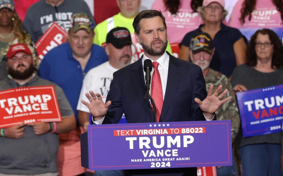 Senator J.D. Vance speaks at a campaign rally at Radford University in Virginia this week