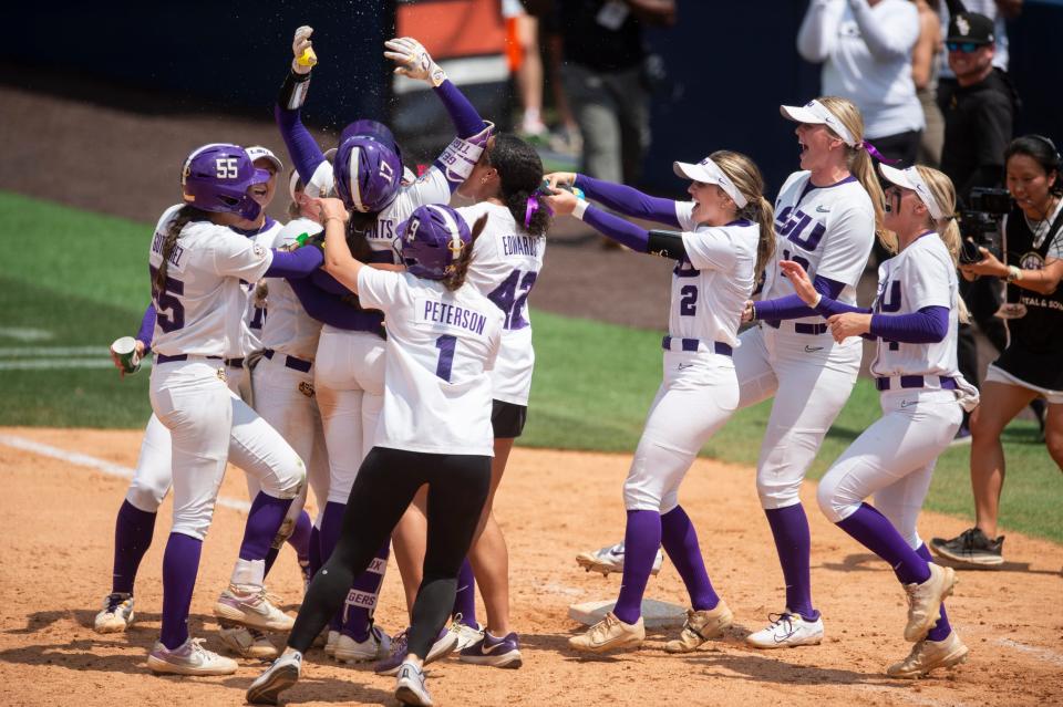 LSU Tigers infielder Taylor Pleasants (17) celebrates her walk off hit during the SEC softball tournament at Jane B. Moore Field in Auburn, Ala., on Wednesday, May 8, 2024. LSU Tigers defeated Alabama Crimson Tide 3-2 in 14 innings.