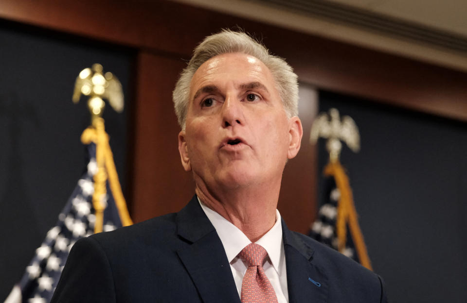 House Republican Leader Kevin McCarthy speaks to reporters after being nominated by fellow Republicans to be their leader on November 15, 2022. REUTERS/Michael A. McCoy