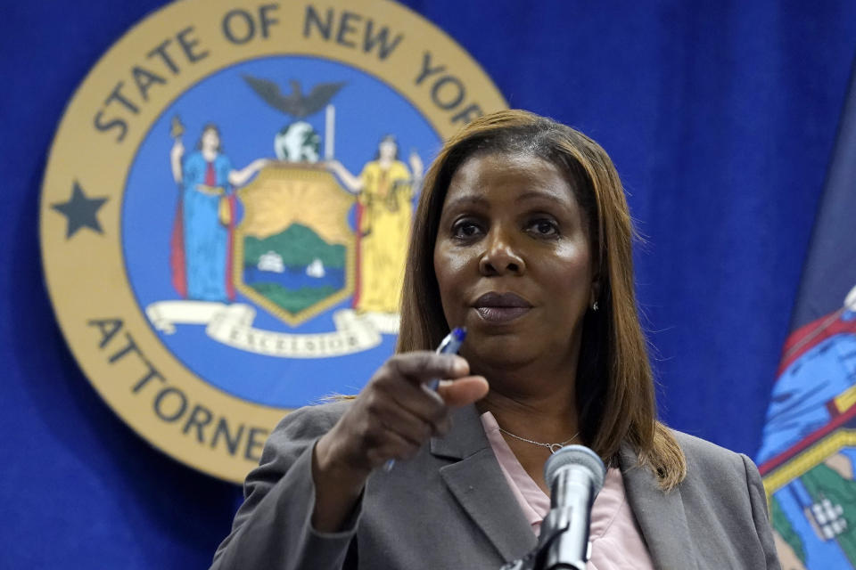 New York Attorney General Letitia James addresses a news conference at her office, in New York, Friday, May 21, 2021. James said Friday that an ongoing investigation surrounding Gov. Andrew Cuomo will "conclude when it concludes," and said she has ignored criticism from his top aide that the probe is politically motivated. (AP Photo/Richard Drew)