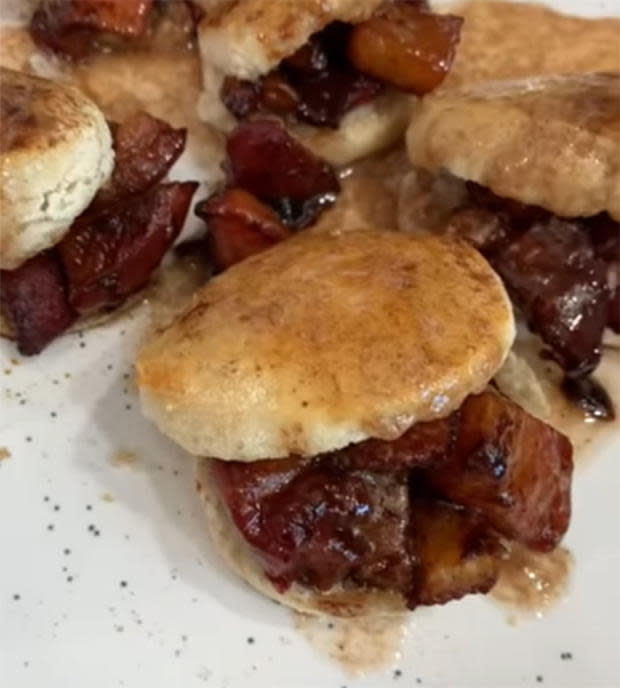 Vegan Fried Peaches and Biscuits.  / Credit: Tabitha Brown/YouTube