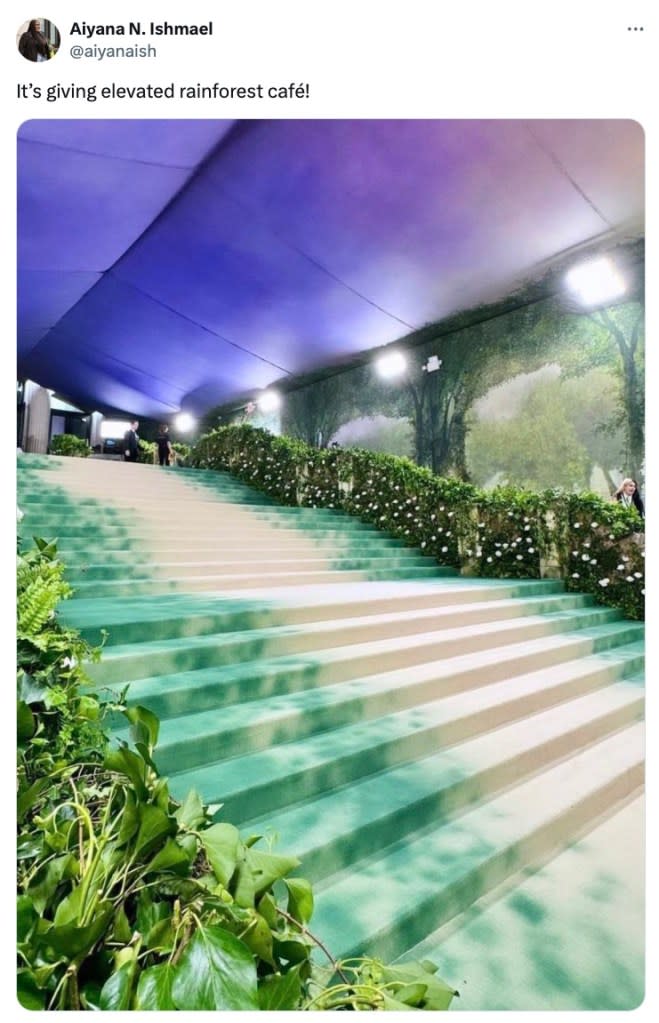 “It’s giving elevated rainforest cafe,” one meme compared the posh Upper West Side event to a chain theme restaurant. @aiyanaish/X
