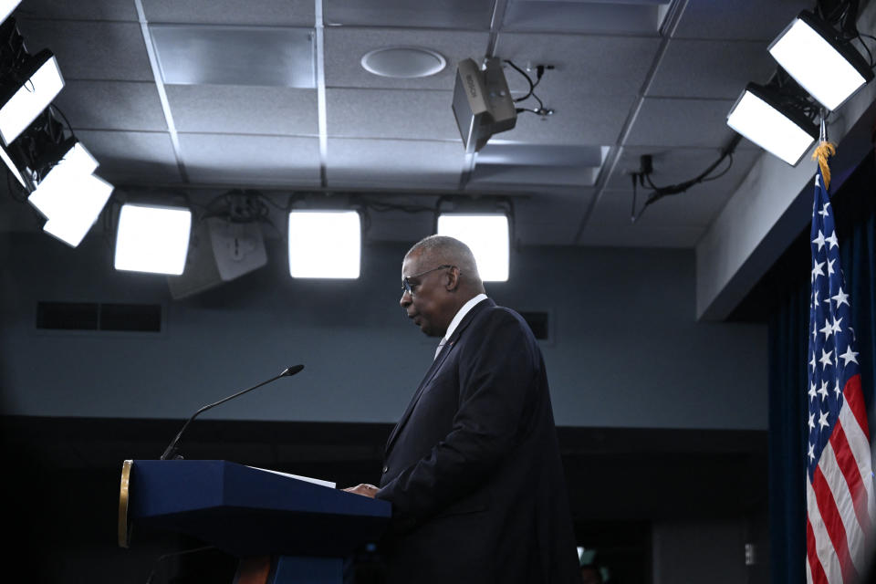 Austin speaks during Thursday's press conference.