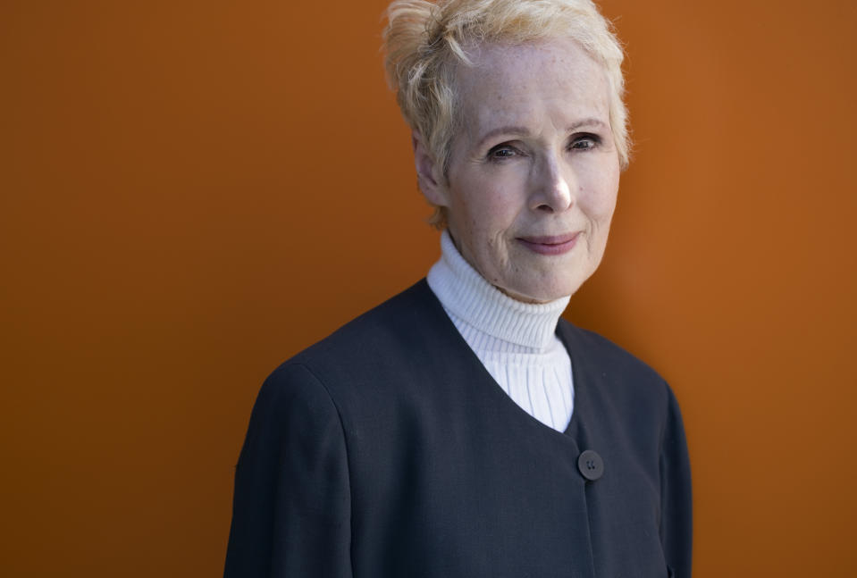 FILE - In this June 23, 2019, file photo, E. Jean Carroll poses for a photo in New York. The latest lawsuit comes from Carroll, an advice columnist who filed a defamation case against President Donald Trump on Monday, Nov. 4, in New York City. (AP Photo/Craig Ruttle, File)