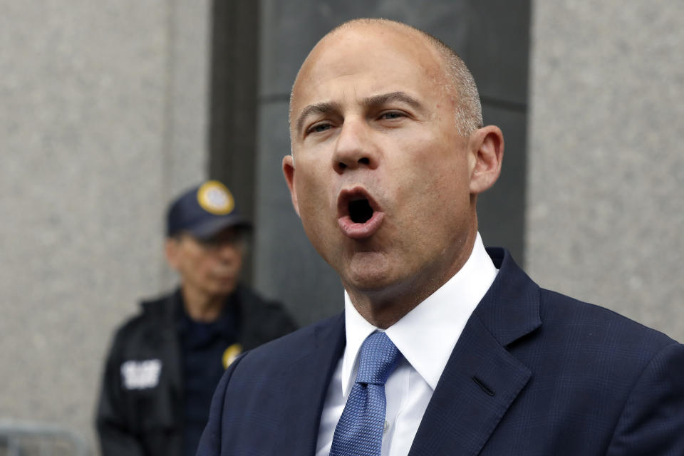 California attorney Michael Avenatti makes a statement to the press after leaving a courthouse in New York Tuesday, July 23, 2019. Avenatti is accused of cheating porn star Stormy Daniels out of $300,000 in a book deal. (AP Photo/Richard Drew)