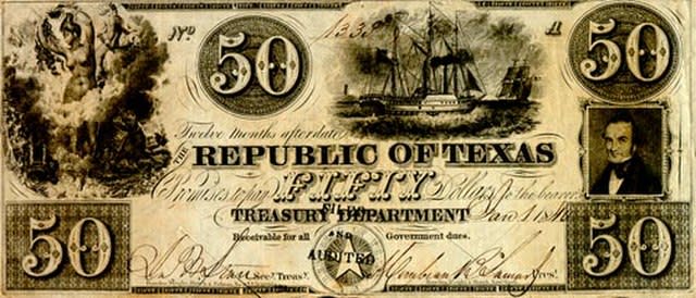 Un billete de 50 dólares de la República de Texas, que funcionó entre 1836 y 1845 como una nación soberana en Norteamérica y tuvo su propio gobierno, su moneda y hasta relaciones diplomáticas (Foto: Wikimedia Commons)