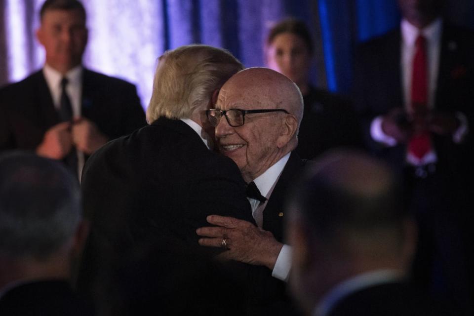 <div class="inline-image__caption"><p>US President Donald Trump (L) is embraced by Rupert Murdoch, Executive Chairman of News Corp, during a dinner to commemorate the 75th anniversary of the Battle of the Coral Sea during WWII onboard the Intrepid Sea, Air and Space Museum May 4, 2017 in New York, New York. </p></div> <div class="inline-image__credit">BRENDAN SMIALOWSKI/AFP via Getty Images</div>