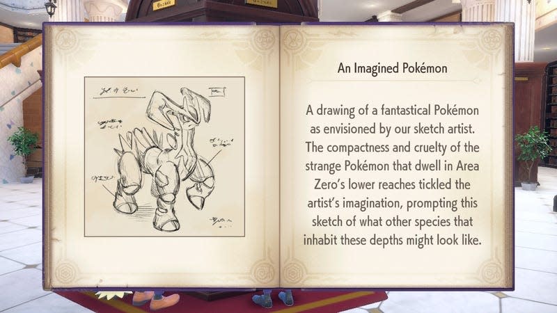 A sketch of Iron Leaves is seen in the Violet book, with a text entry that reads "A drawing of a fantastical Pokemon as envisioned by our sketch artist. The compactness and cruelty of the strange Pokemon that dwell in Area Zero's lower reaches tickled the artist's imagination, prompting this sketch of what other species that inhabit these depths might look like.