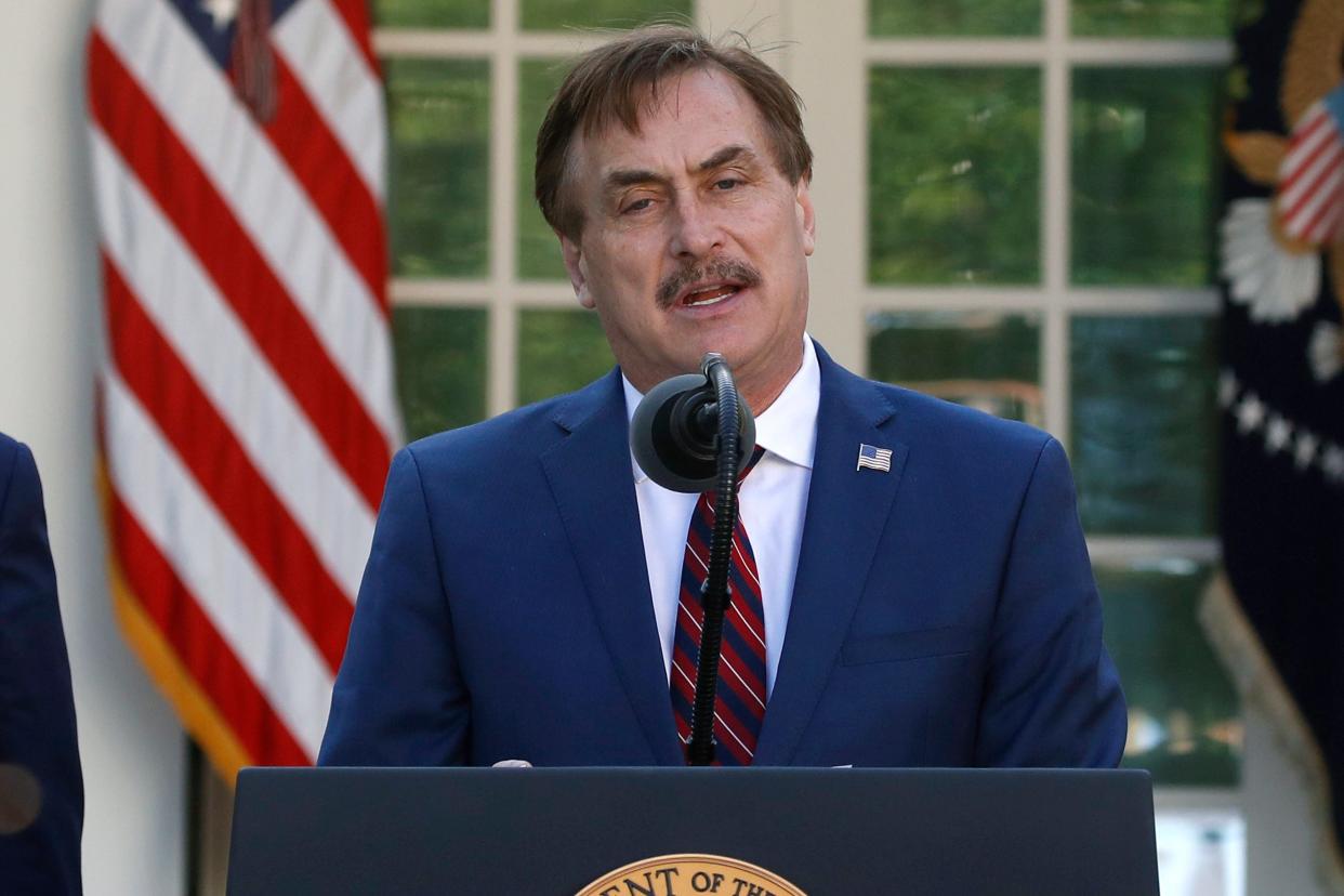 <p>File Image:  In this 30 March 2020 photo, MyPillow CEO Mike Lindell speaks in the Rose Garden of the White House in Washington</p> (Associated Press)