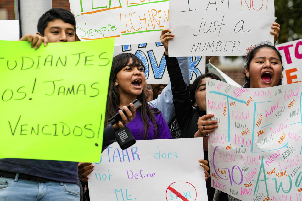 Students from Northside High School walk out of their classes to join parents and students from over 30 elementary, middle, and high schools across the Houston Independent School District for a day of protest to oppose the state takeover of HISD by the Texas Education Agency on Thursday April 6, 2023, in Houston. (Raquel Natalicchio/Houston Chronicle via AP)