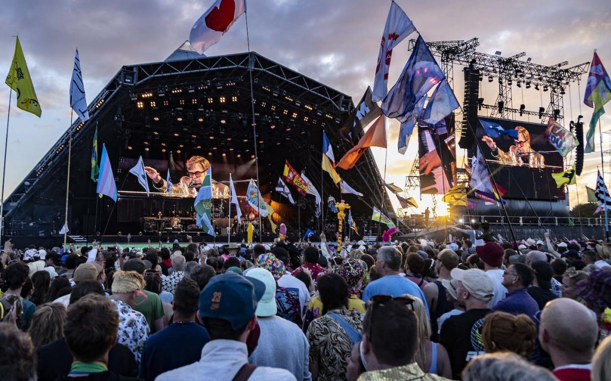 Elton John performs during Glastonbury Festival in Worthy Farm, Somerset, England on June 25, 2023. (Joel C Ryan/Invision/AP)