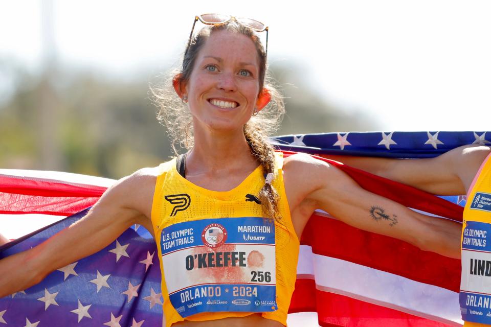 Fiona O'Keeffe celebrates after winning the 2024 U.S. Olympic Team Trials in Orlando.