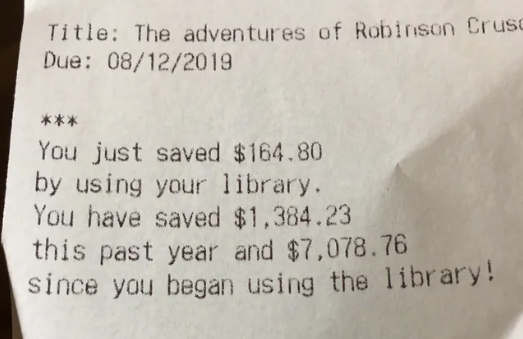 Library receipt goes viral for showing over $7,000 savings by borrowing books. (Photo: Reddit)