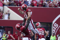 Indiana place kicker Charles Campbell (93) celebrates a 49-yard field goal with Matthew Bedford (76) during the second half of an NCAA college football game against Cincinnati, Saturday, Sept. 18, 2021, in Bloomington, Ind. Cincinnati won 38-24. (AP Photo/Darron Cummings)