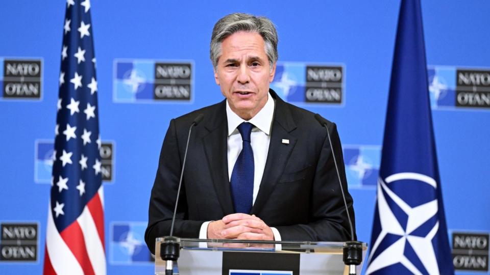 PHOTO: U.S. Secretary of State Antony Blinken holds a press conference after a NATO Foreign Ministers Meeting, April 4, 2024,  in Brussels. (Dursun Aydemir/Anadolu via Getty Images)